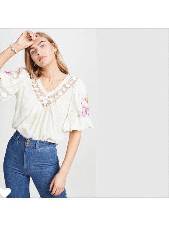 Free People Tops - Free People Bohemia Gauzy Floral Embroidered Cottage Core Peasant Top
